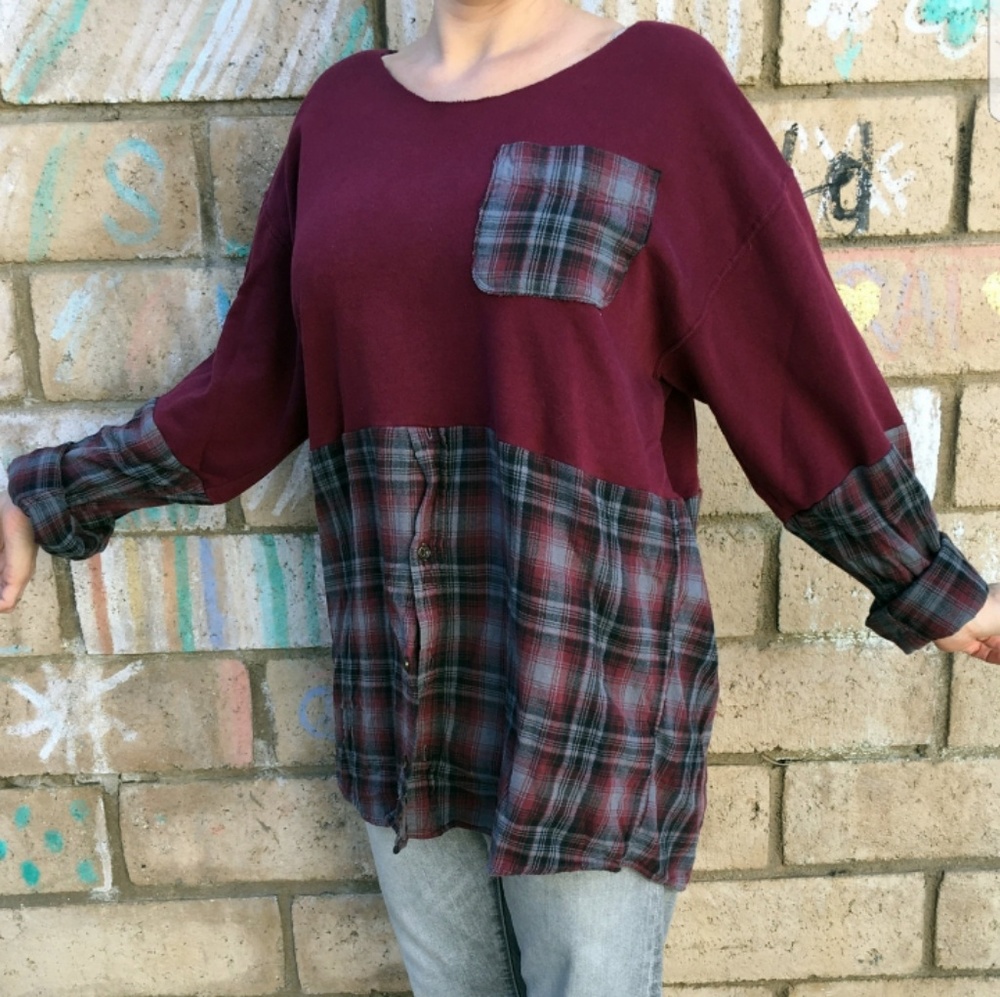 Burgundy Grey Plaid Tunic Top